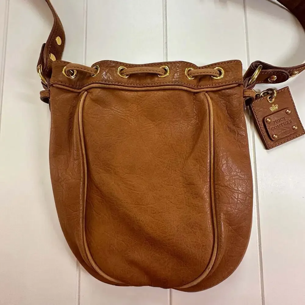 Boho Juicy Couture Brown Pebbled Leather Drawstring Bucket Crossbody Bag